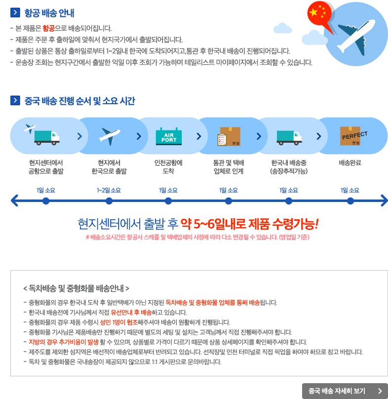 항공 배송안내, 배송 진행 순서 및 소요시간, 독차배송 및 중형화물 배송안내